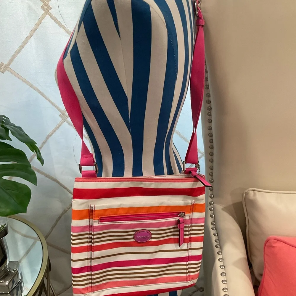 COACH GETAWAY STRIPED CROSSBODY‎ BAG PINK ORANGE BROWN WHITE